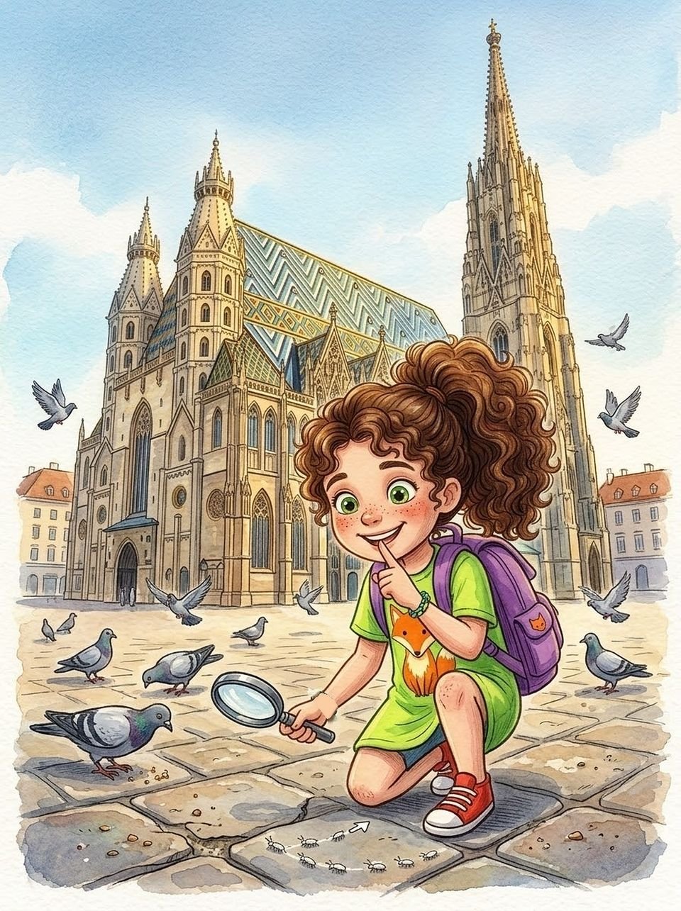 Buchcover: Pauli kniet mit Lupe auf dem Stephansplatz vor dem Stephansdom